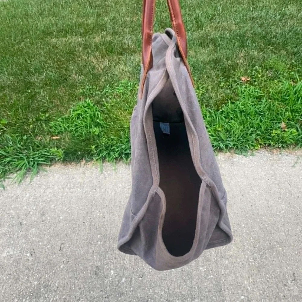 L.L.Bean Waxed Canvas Log Carrier Firewood Tote Leather Handles Brown Wood Carry